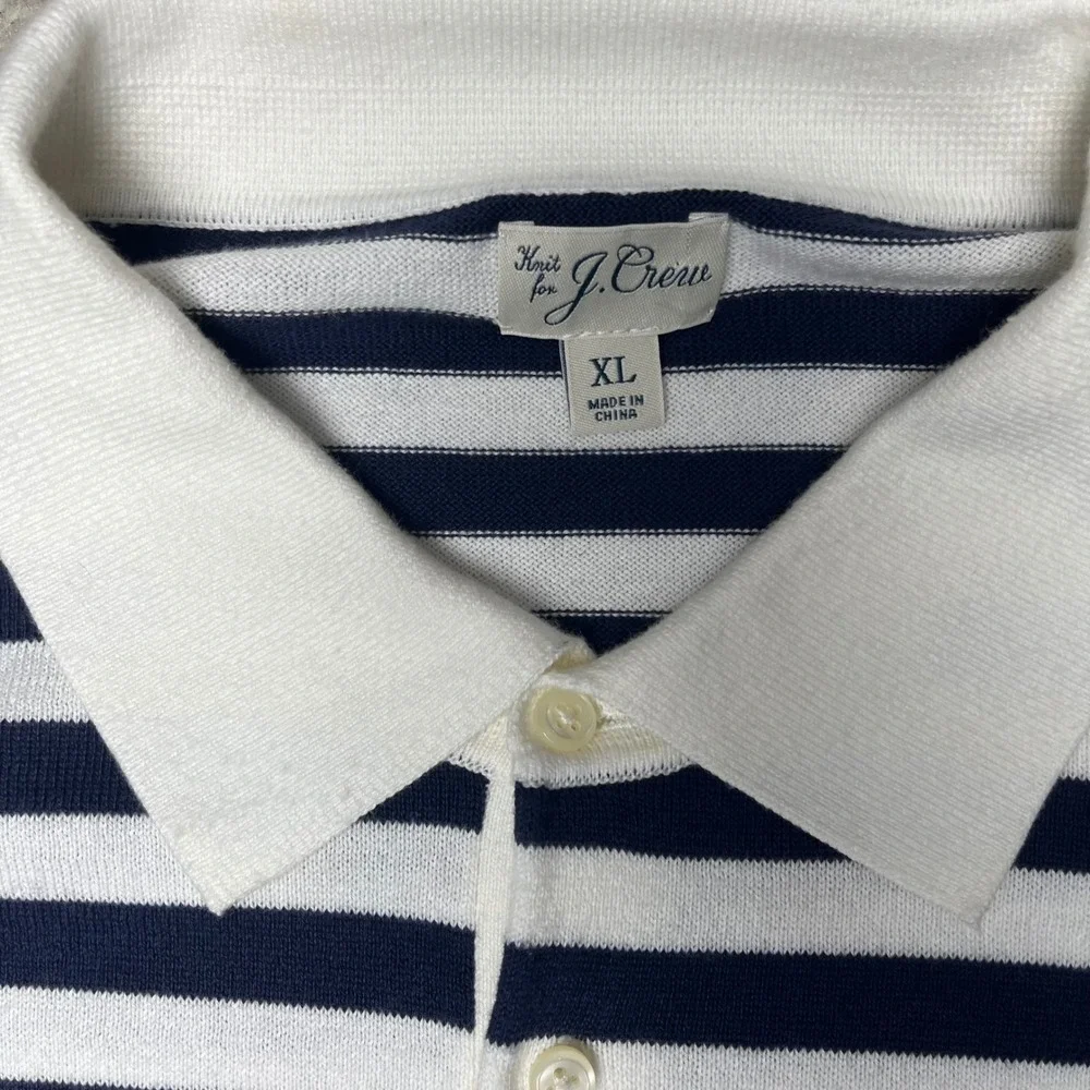 J. Crew Polo Sweater Mens XL Navy Blue Striped Long Sleeve Cotton Knit